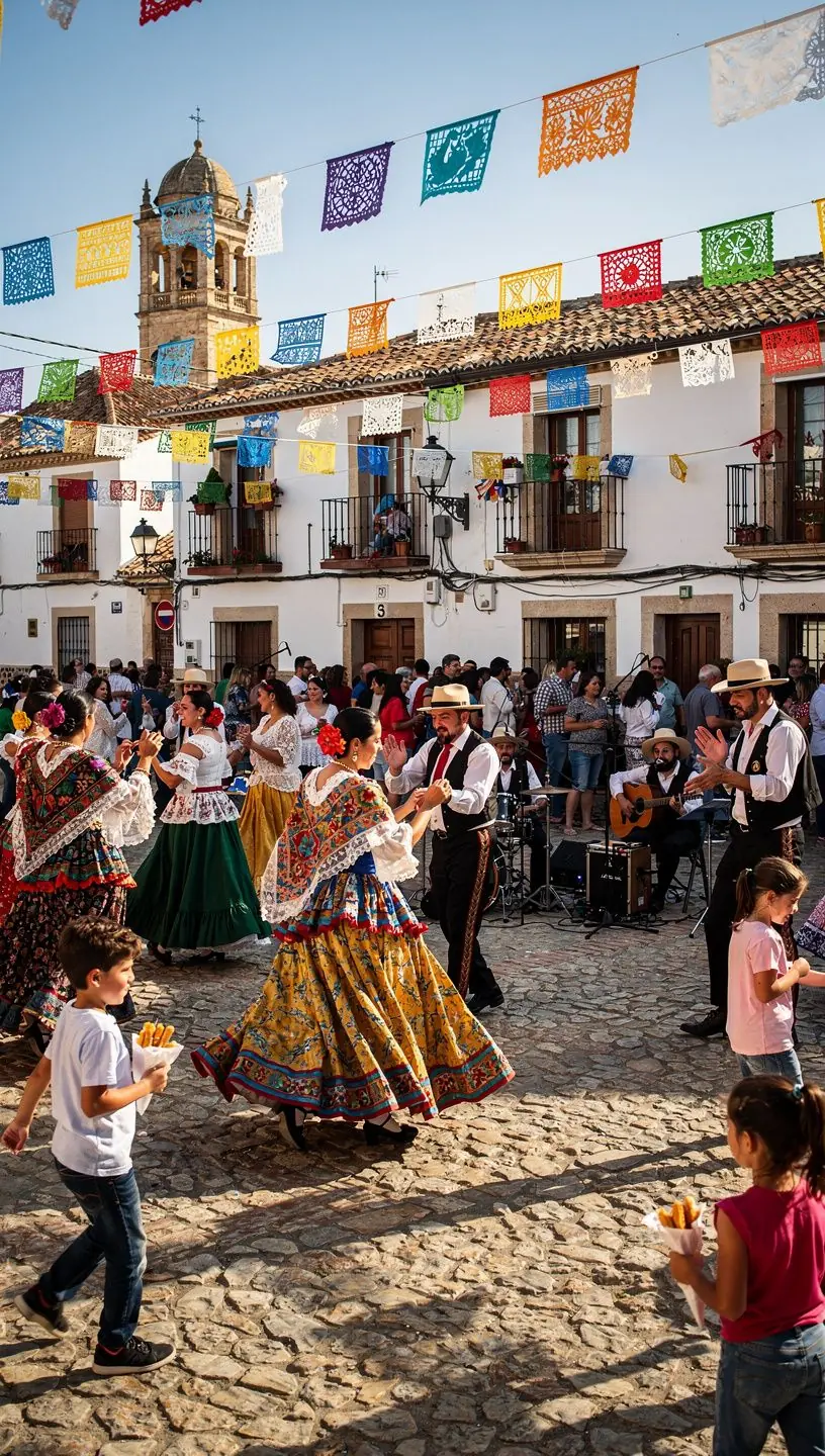 Vista panorámica de una plaza histórica en España durante un festival tradicional con decoraciones coloridas. Fachada detallada de una catedral gótica emblemática que refleja la arquitectura española clásica. Grupo de personas participando en una danza folclórica con trajes típicos en una celebración local. Calle empedrada adornada con luces y banderines para una fiesta popular en un pueblo español. Interior de un museo que exhibe artefactos y vestimentas relacionadas con la cultura española. Escena nocturna de fuegos artificiales sobre un castillo antiguo durante una festividad tradicional.