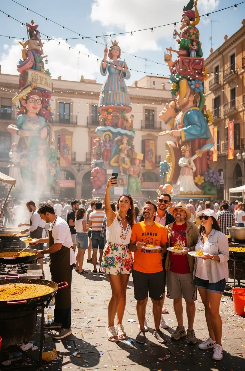Vista panorámica de una plaza histórica en España durante un festival tradicional con decoraciones coloridas. Fachada detallada de una catedral gótica emblemática que refleja la arquitectura española clásica. Grupo de personas participando en una danza folclórica con trajes típicos en una celebración local. Calle empedrada adornada con luces y banderines para una fiesta popular en un pueblo español. Interior de un museo que exhibe artefactos y vestimentas relacionadas con la cultura española. Escena nocturna de fuegos artificiales sobre un castillo antiguo durante una festividad tradicional.