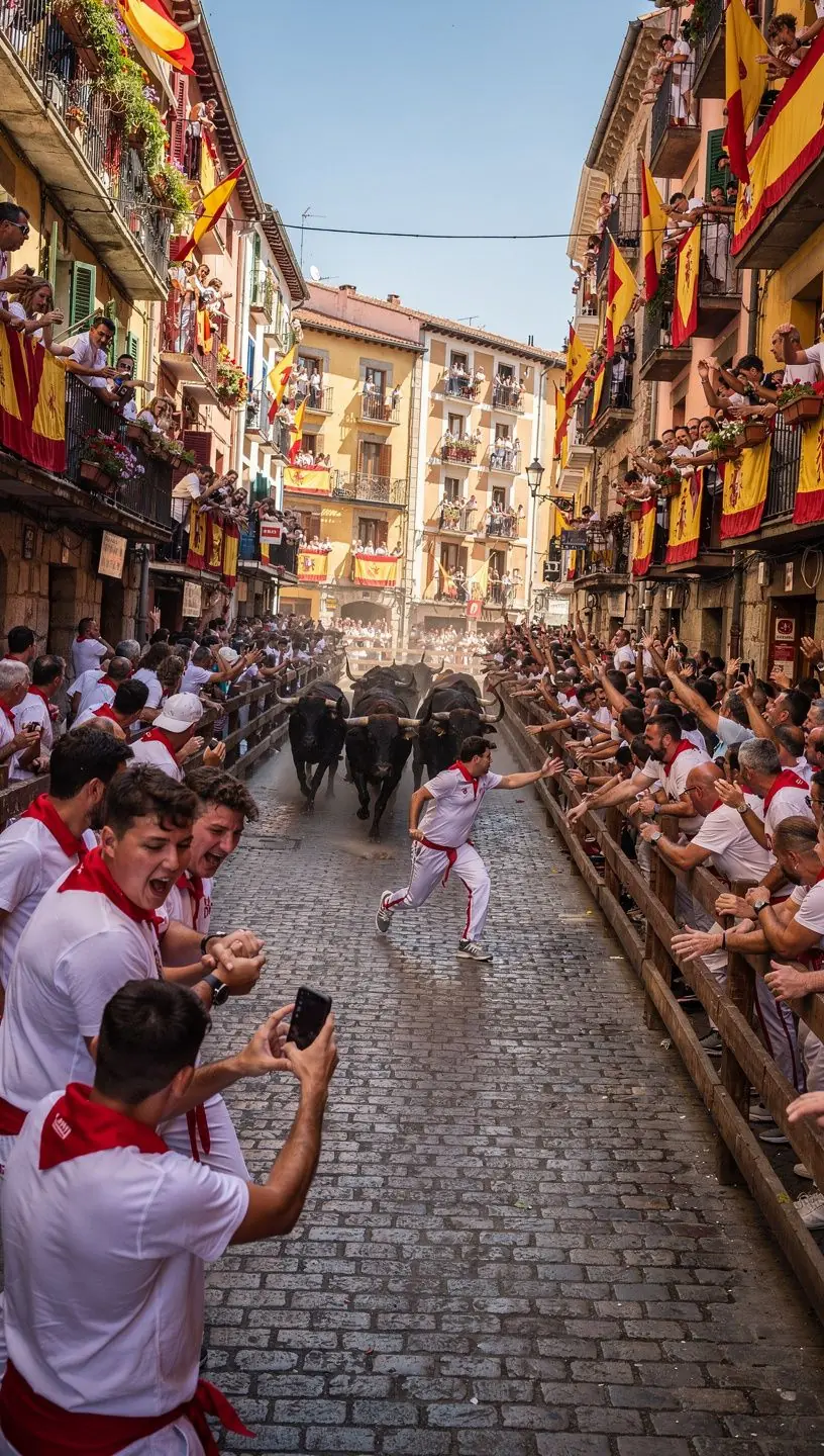 Vista panorámica de una plaza histórica en España durante un festival tradicional con decoraciones coloridas. Fachada detallada de una catedral gótica emblemática que refleja la arquitectura española clásica. Grupo de personas participando en una danza folclórica con trajes típicos en una celebración local. Calle empedrada adornada con luces y banderines para una fiesta popular en un pueblo español. Interior de un museo que exhibe artefactos y vestimentas relacionadas con la cultura española. Escena nocturna de fuegos artificiales sobre un castillo antiguo durante una festividad tradicional.